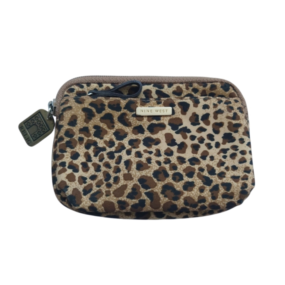 NINE WEST Brown and Tan Leopard Print Zipper Small Cosmetic Bag Essential Pouch